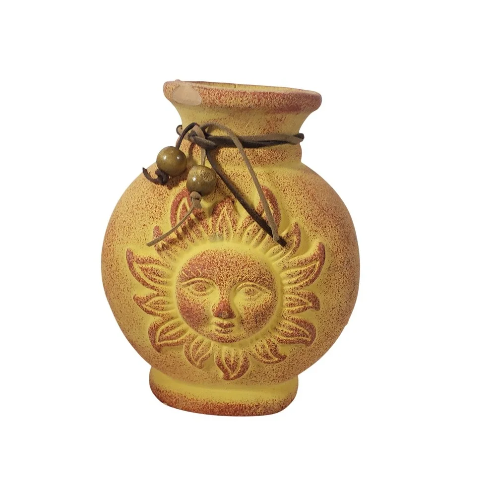 Vintage Sun Face Terracotta Pottery Vase Yellow Textured Boho Celestial Decor